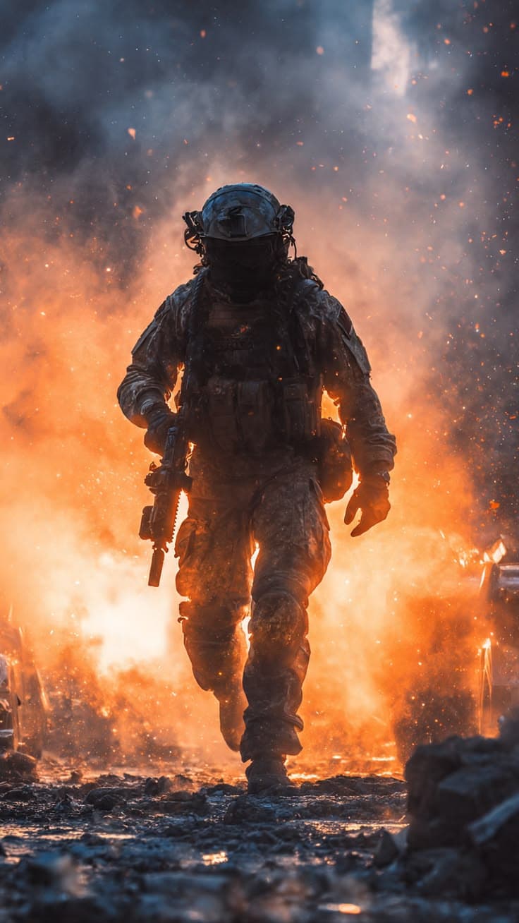 Soldier advancing through fire