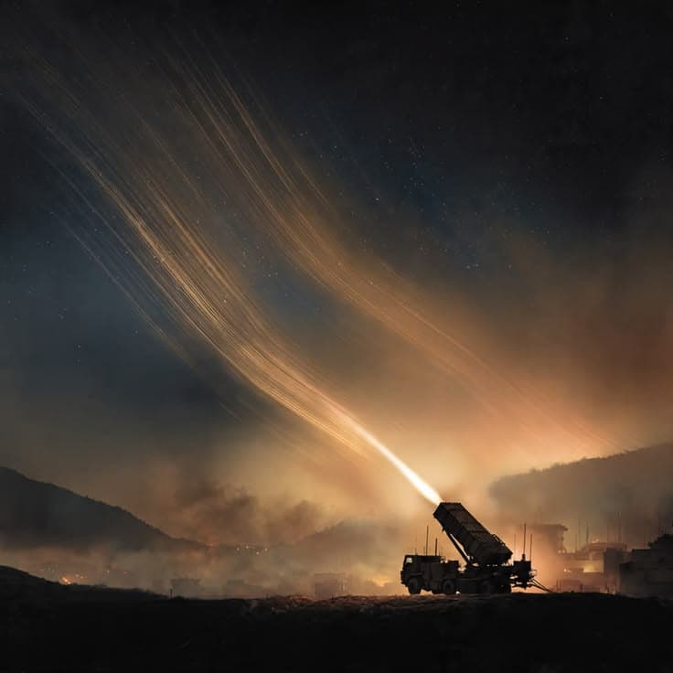 Artillery rocket launch at night